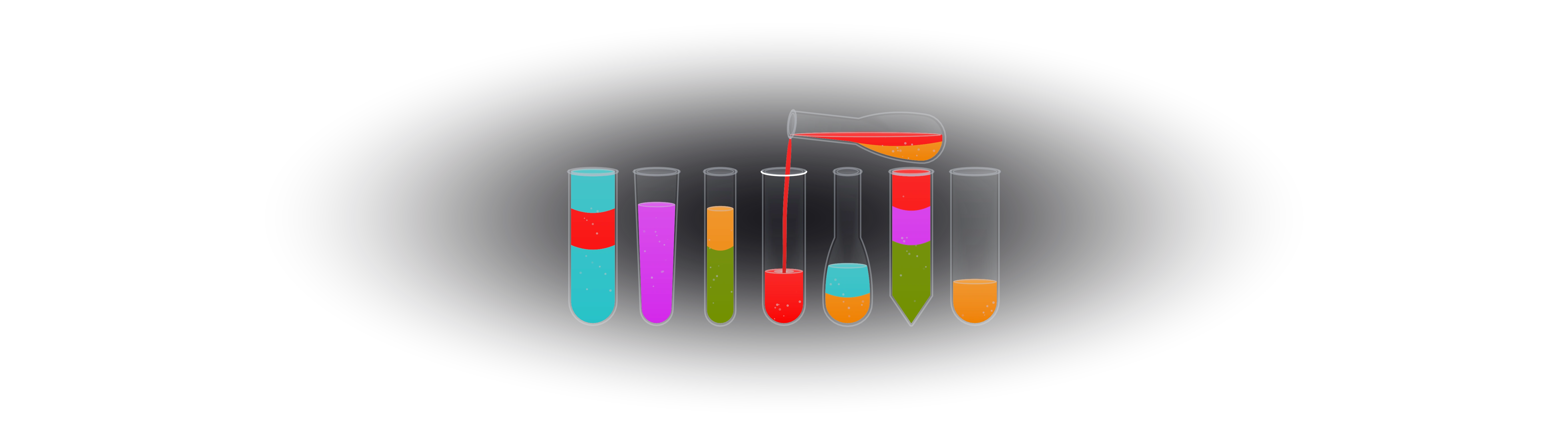 A flask tipped almost flat pours red into the fourth of eight glasses; the others stand in a row holding teal, magenta, orange and olive in stacked bands.