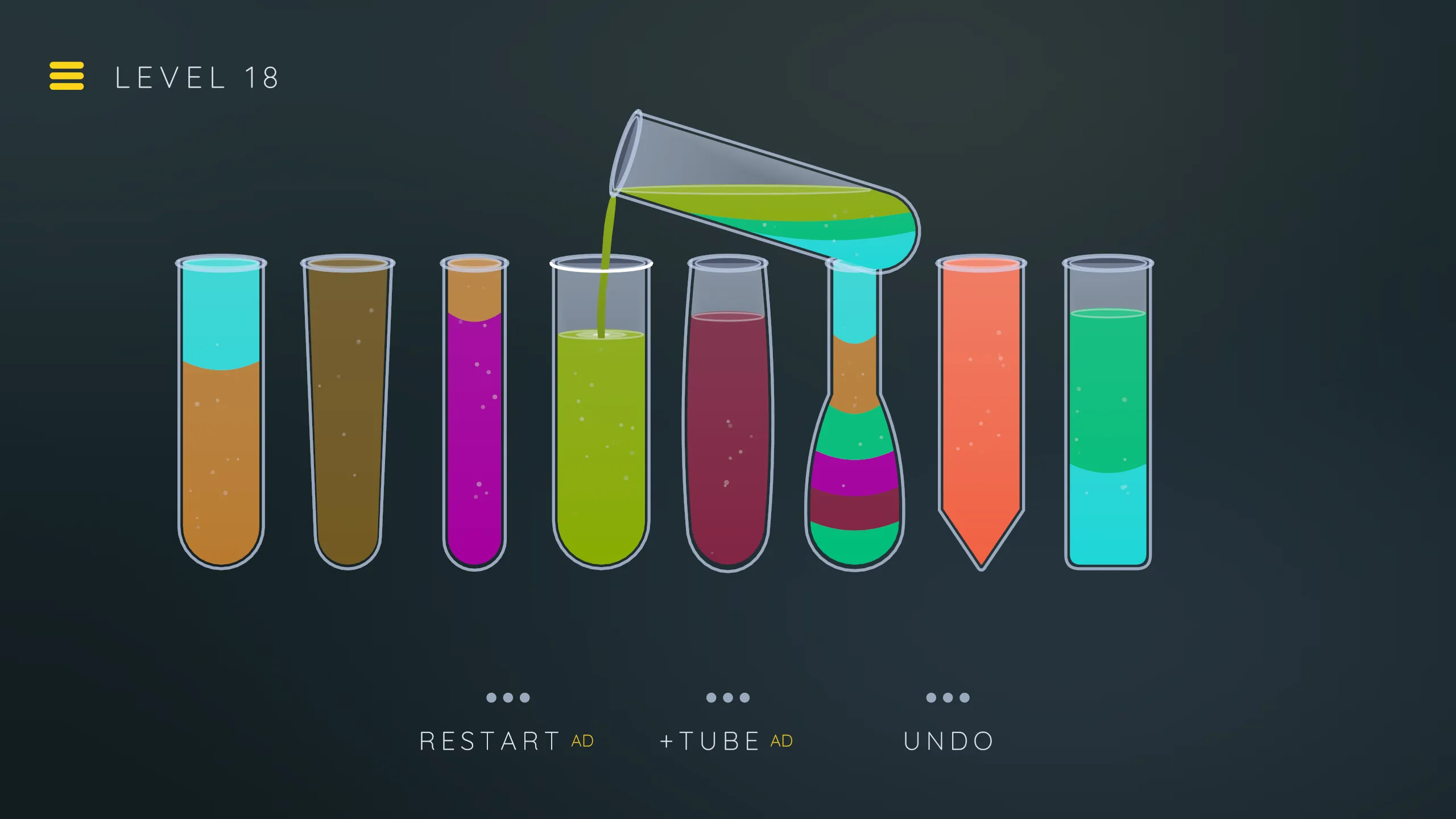 Olive green pouring from a tilted tube on a near-black ground, with magenta, wine and amber glasses waiting. Level eighteen.