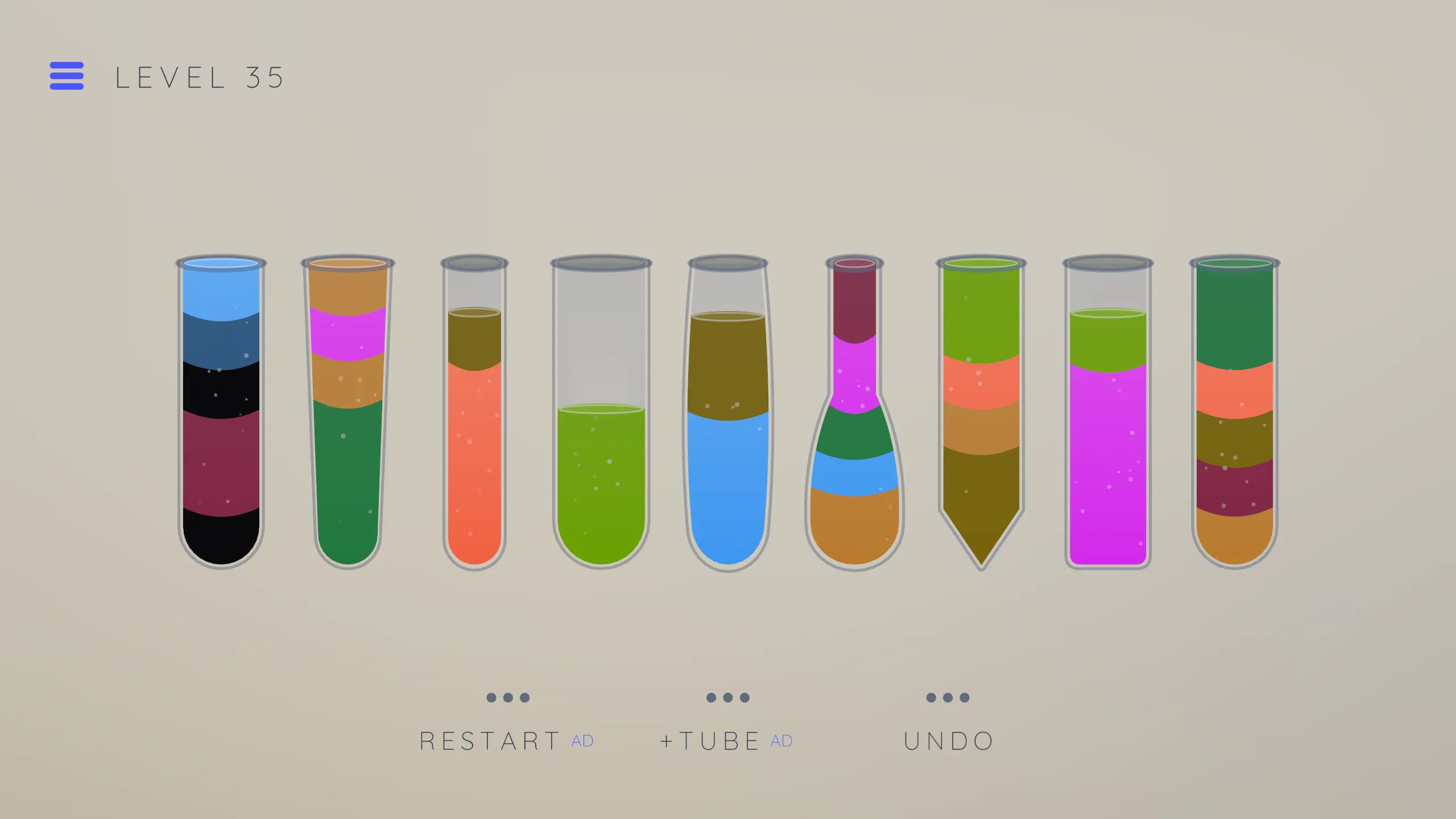 Nine glasses crowded with stacked bands of color on a pale sand ground, several holding black where a color is still hidden. Level thirty-five.