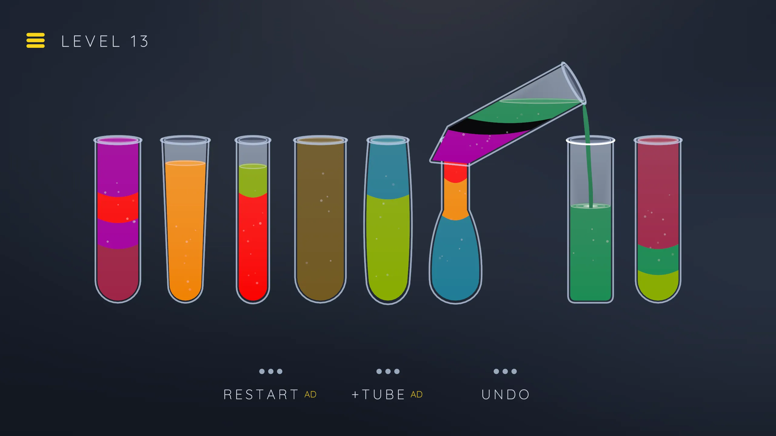 A tilted tube pours green on a midnight ground, one black band still hidden among the colors. Level thirteen.