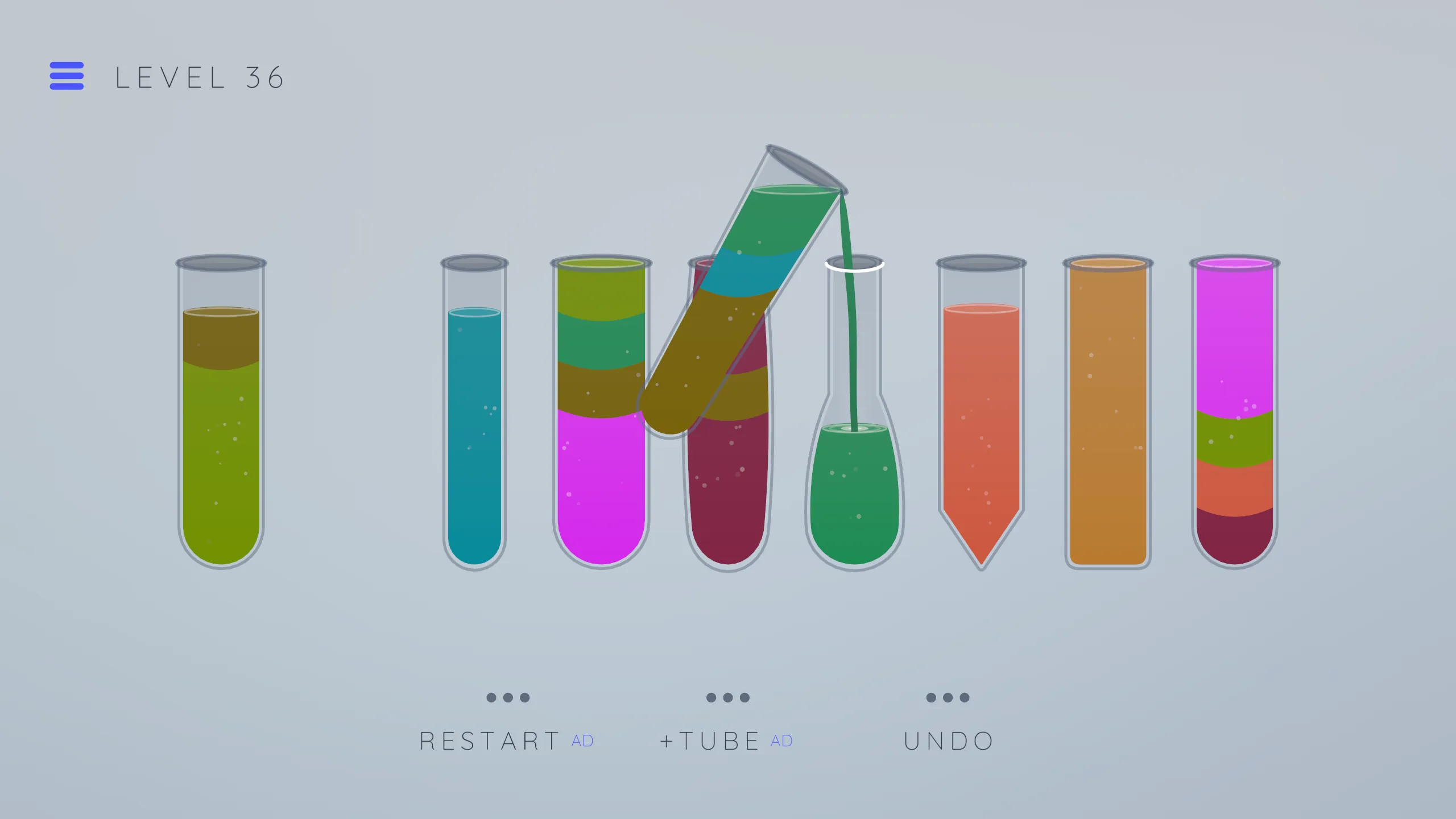 Dark green pouring into a rounded flask on a powder-blue ground, with a magenta and a teal glass alongside. Level thirty-six.