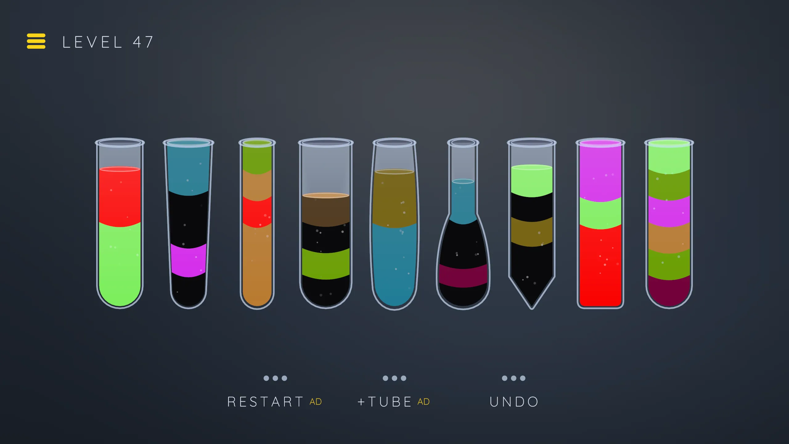 Bright red, green and magenta stacked above black bands on a slate ground, deep into the levels that hide a color until you pour it. Level forty-seven.