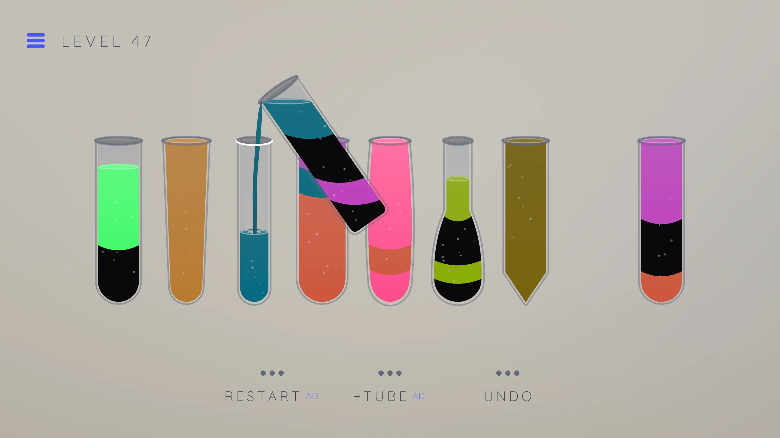Teal pouring from a tilted tube on a stone ground, black bands sitting between the colors. Level forty-seven.
