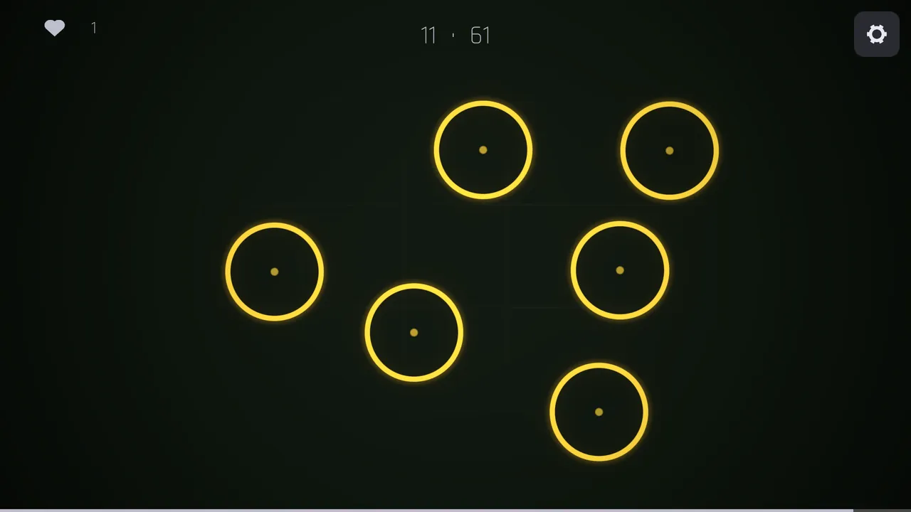 Six yellow rings spread across a dark board, the sequence waiting to be tapped back.