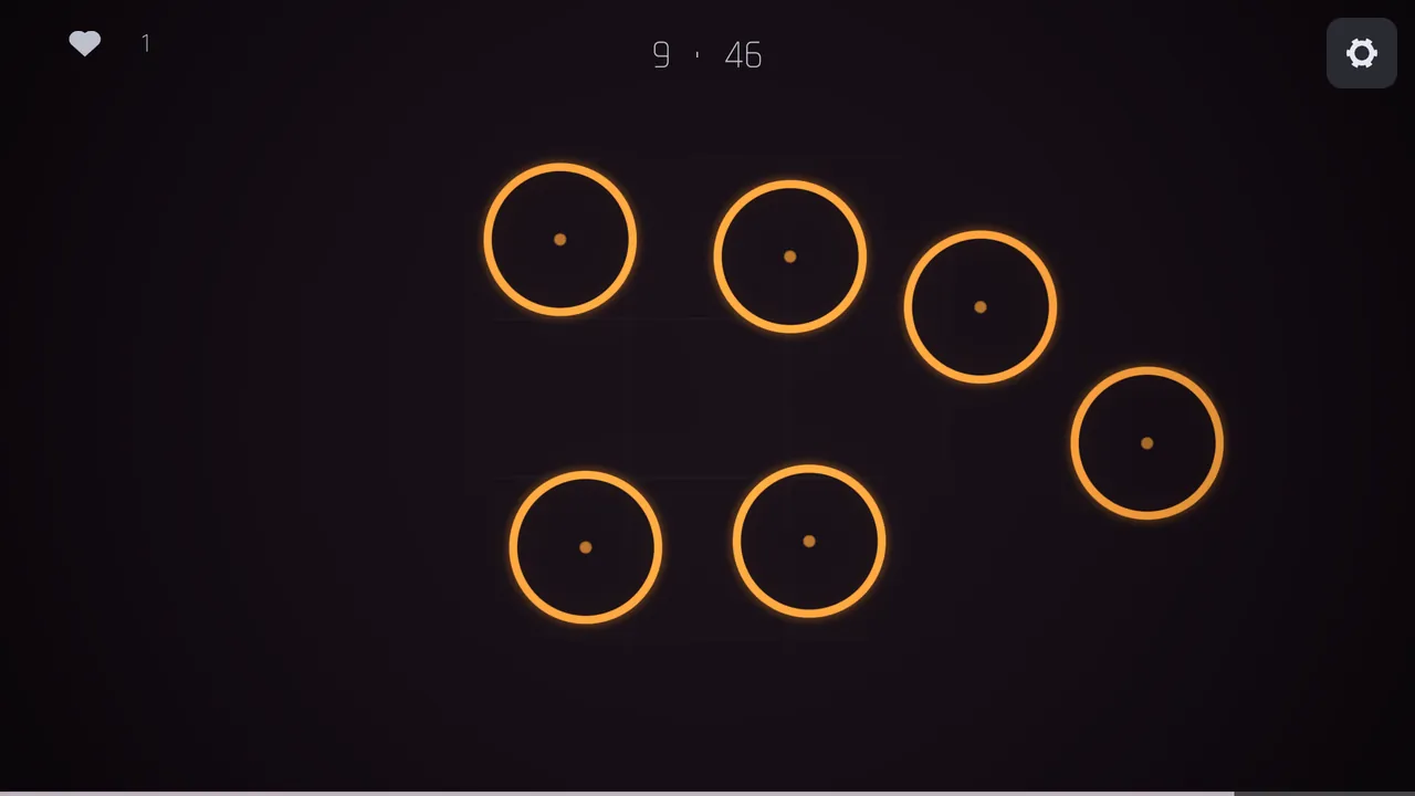 Six orange rings spaced across an almost black board, part-way through wave nine.