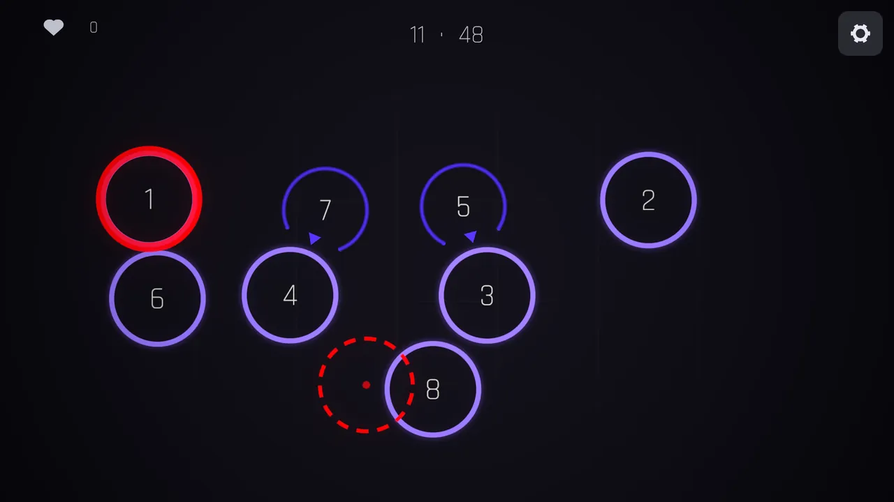 A numbered round: eight rings labelled one to eight, one glowing red where the tap was wrong, and a red dashed circle marking the dot that was missed.