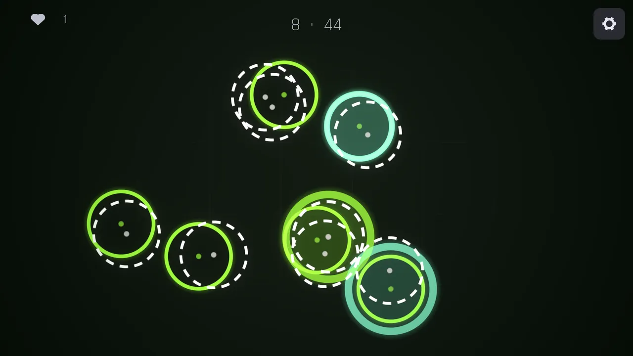 Green and teal rings with dashed outlines, each holding two dots, in the mode that asks for pairs.
