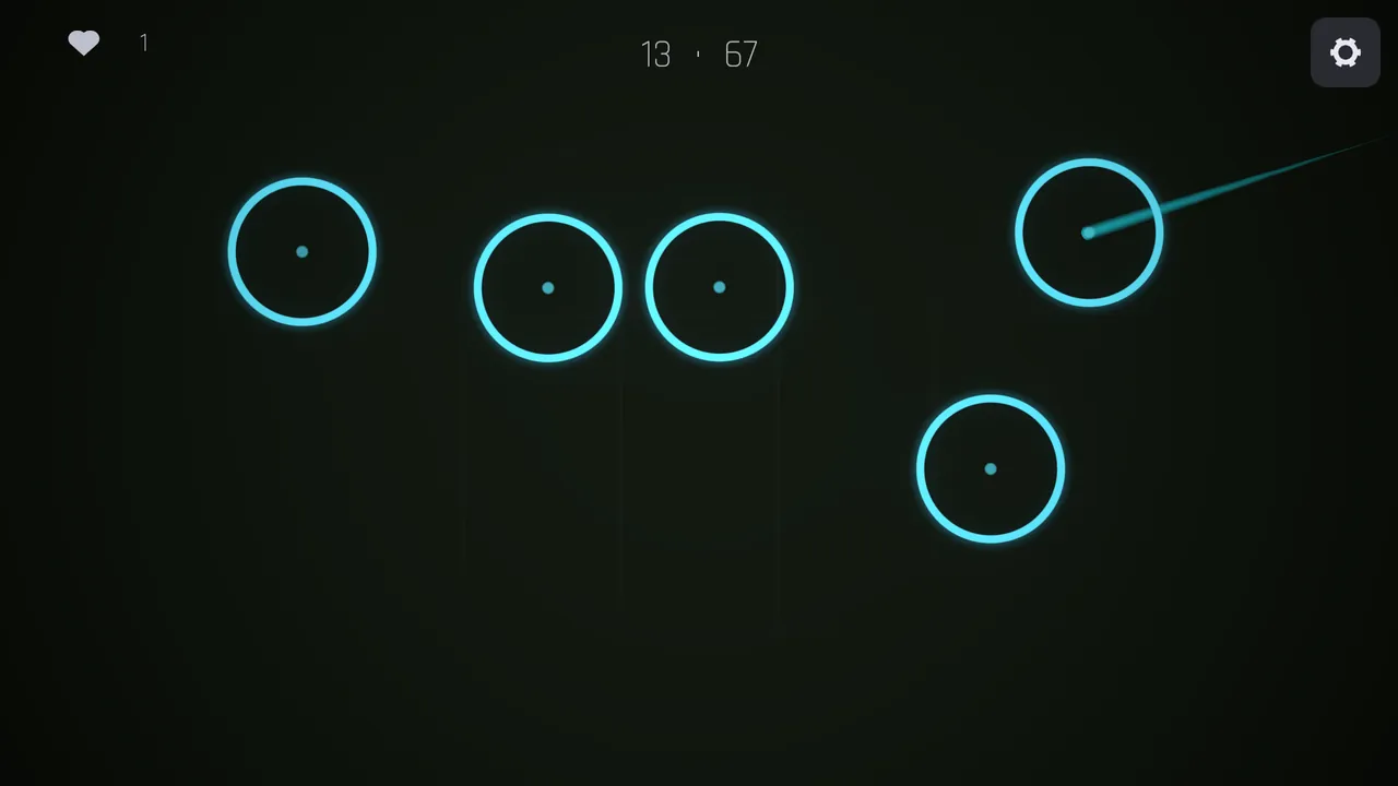 Cyan rings on a dark board, one being tapped, with a thin line trailing from it.