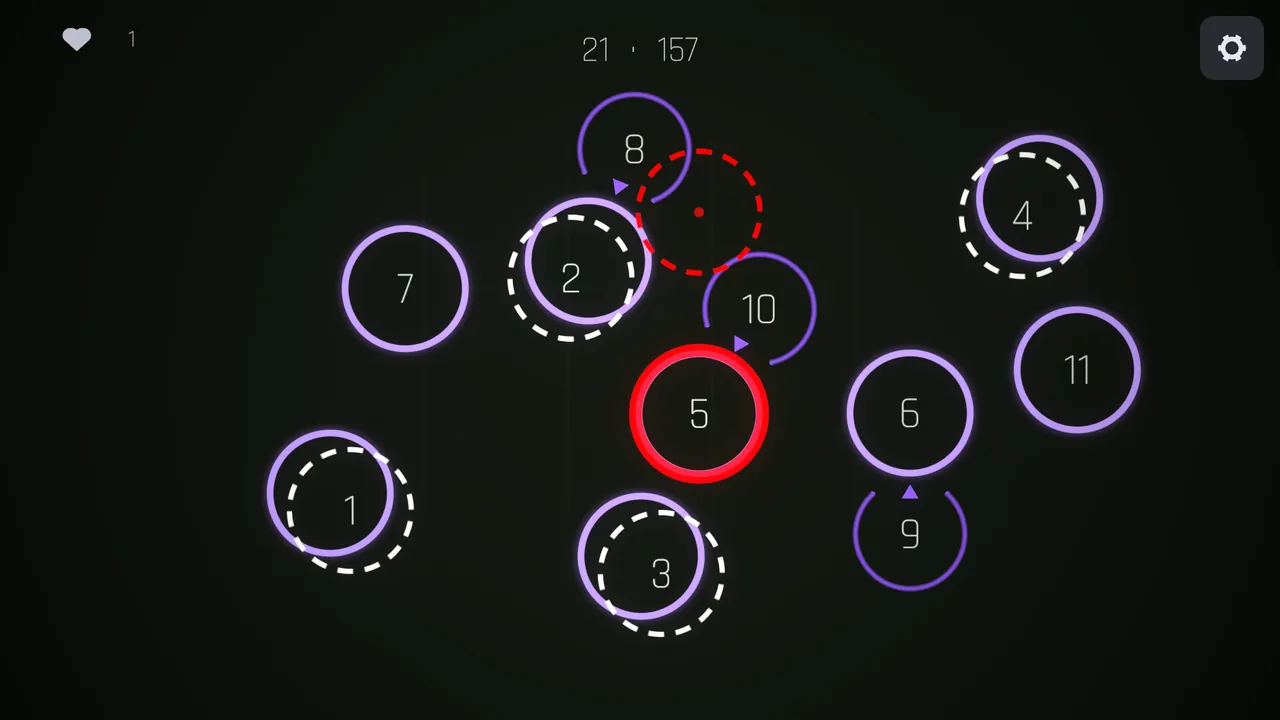 A late wave: eleven numbered rings crowding the board at wave twenty-one, one red where the run ended.